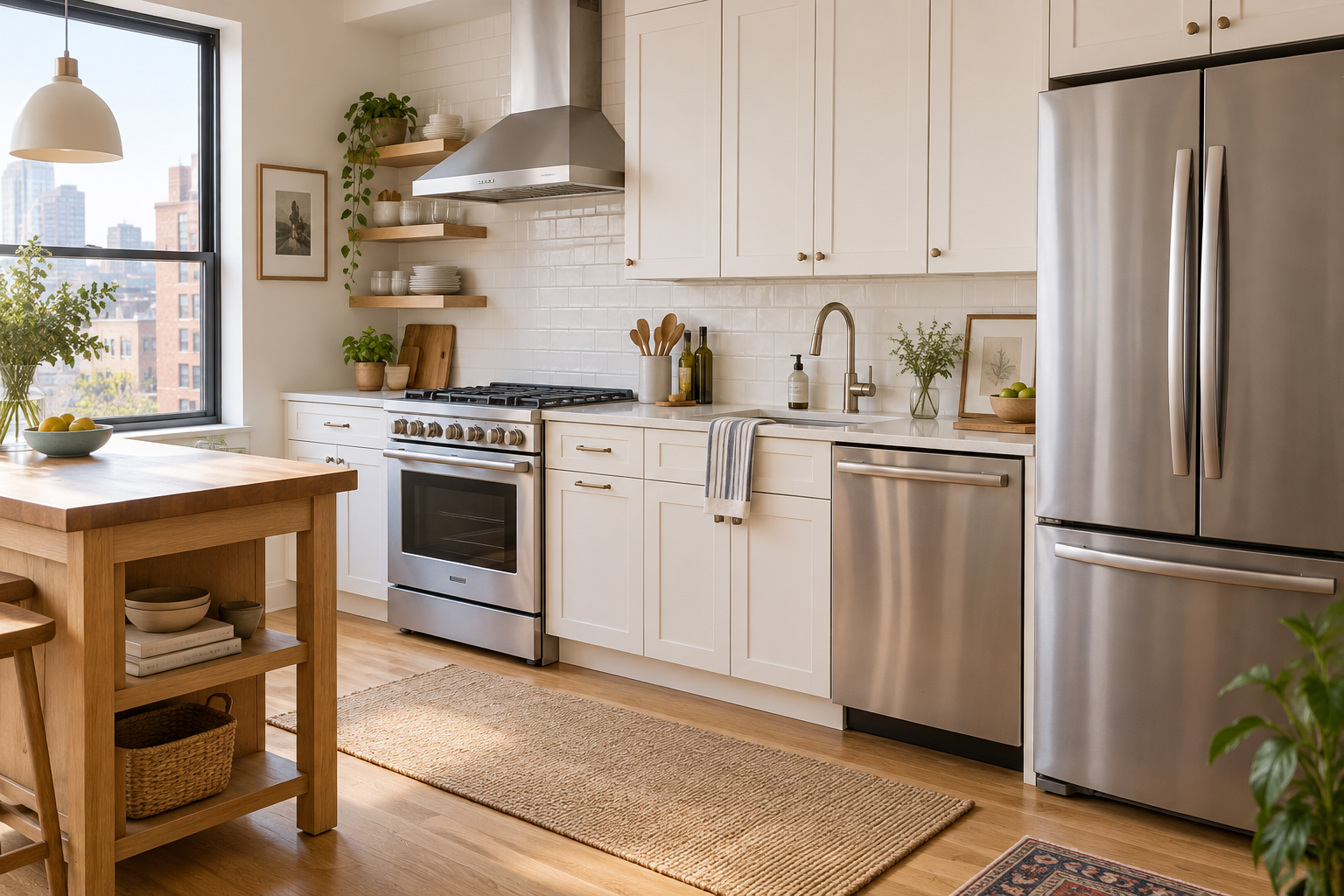 Kitchen with a refrigerator, range and dishwasher
